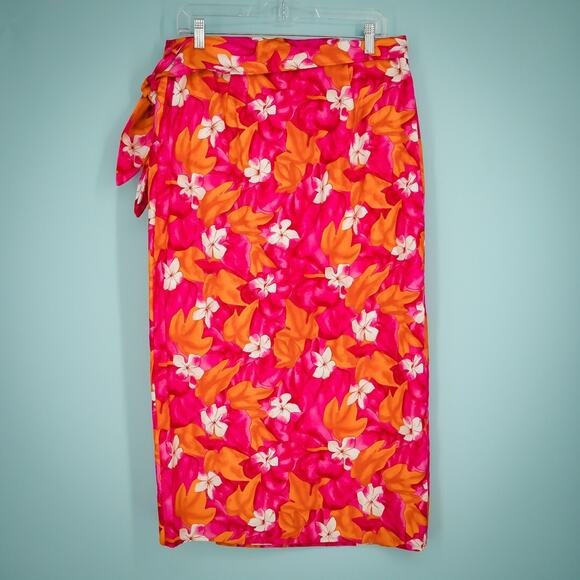 Talbots Size 14 Pink Hawaiian Tropical Floral Print Wrap Tie Midi Cotton Skirt - Picture 2 of 6